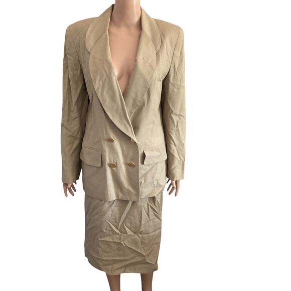 Vintage Albert Nipon Skirt Suit Womens Size 10 Light Brown Double Breasted - Picture 1 of 14
